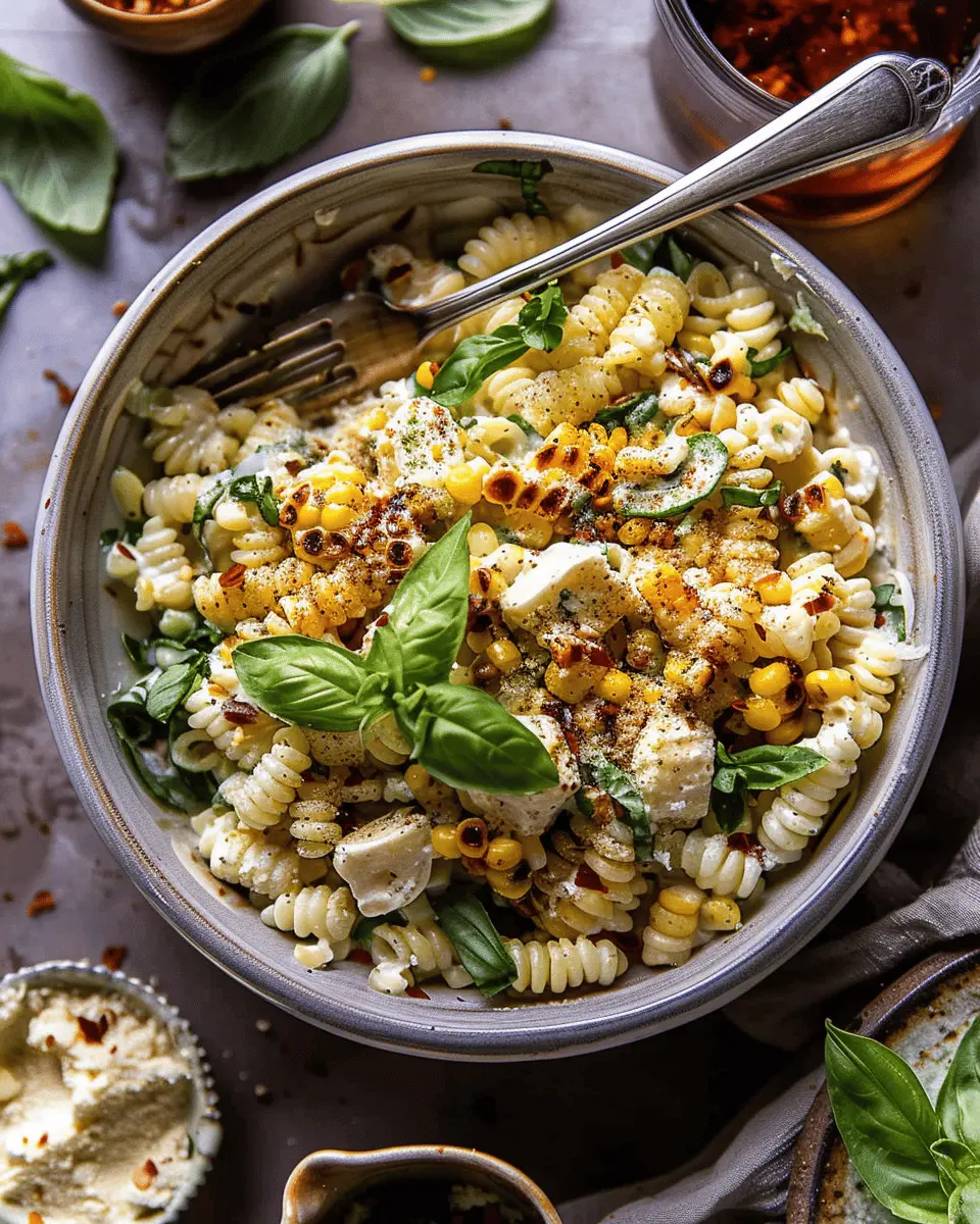 Creamy Street Corn Pasta Salad with Turkey Bacon and Chicken Ham