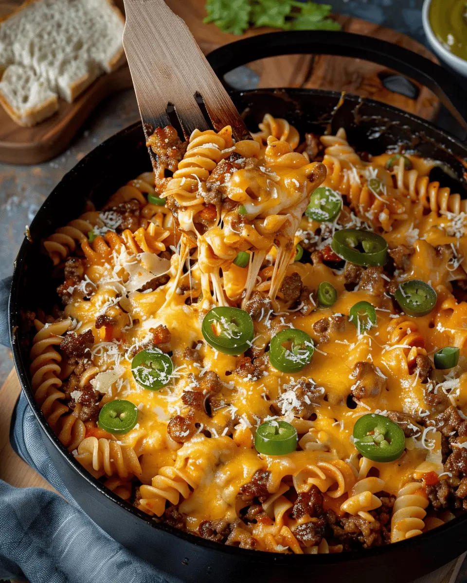 Cheesy pasta loaded with juicy cheeseburger and turkey bacon delight