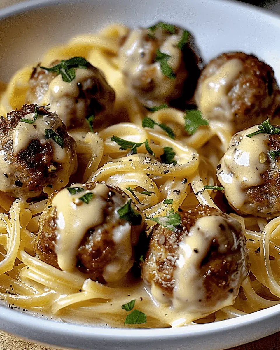 Garlic butter meatballs served over creamy parmesan linguine delight