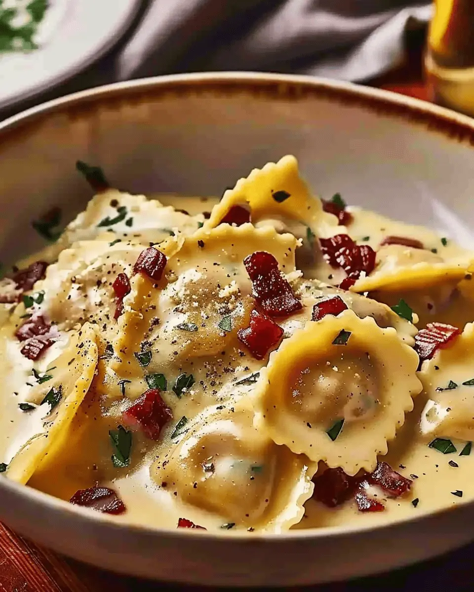 Creamy Olive Garden Ravioli Carbonara with Turkey Bacon Delight
