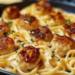 Garlic Butter Meatballs served over creamy Parmesan linguine