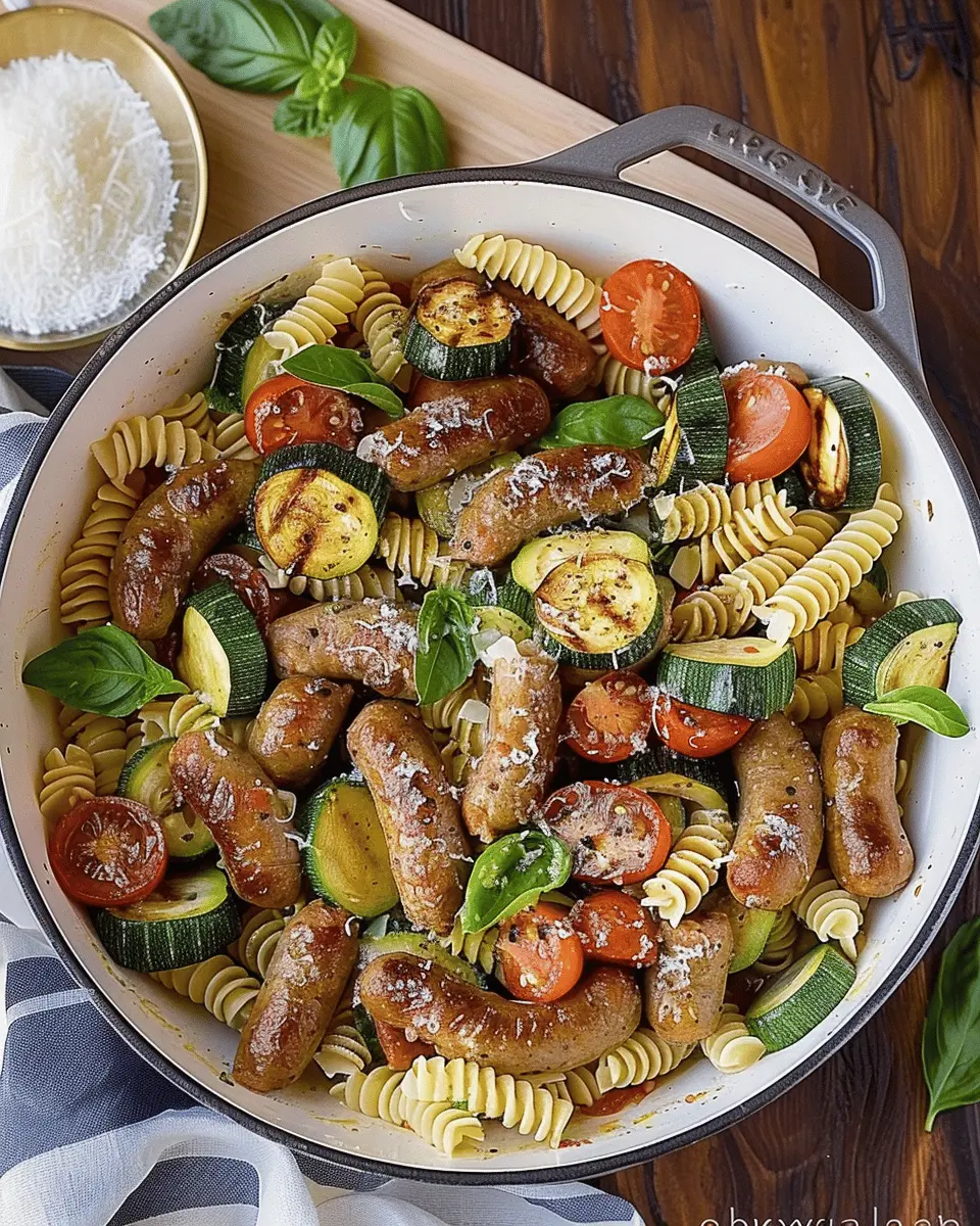 Sausages with Zucchini, Tomatoes, and Pasta: A Quick Delight
