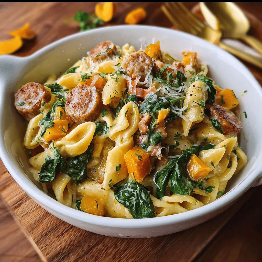 Creamy Butternut Squash Pasta: Indulgent Sausage and Spinach Dish