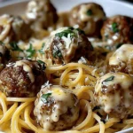 Garlic Butter Meatballs served over creamy Parmesan linguine