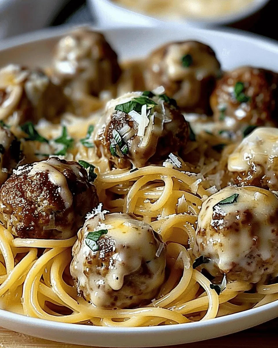 Garlic Butter Meatballs served over creamy Parmesan linguine: A Juicy Delight