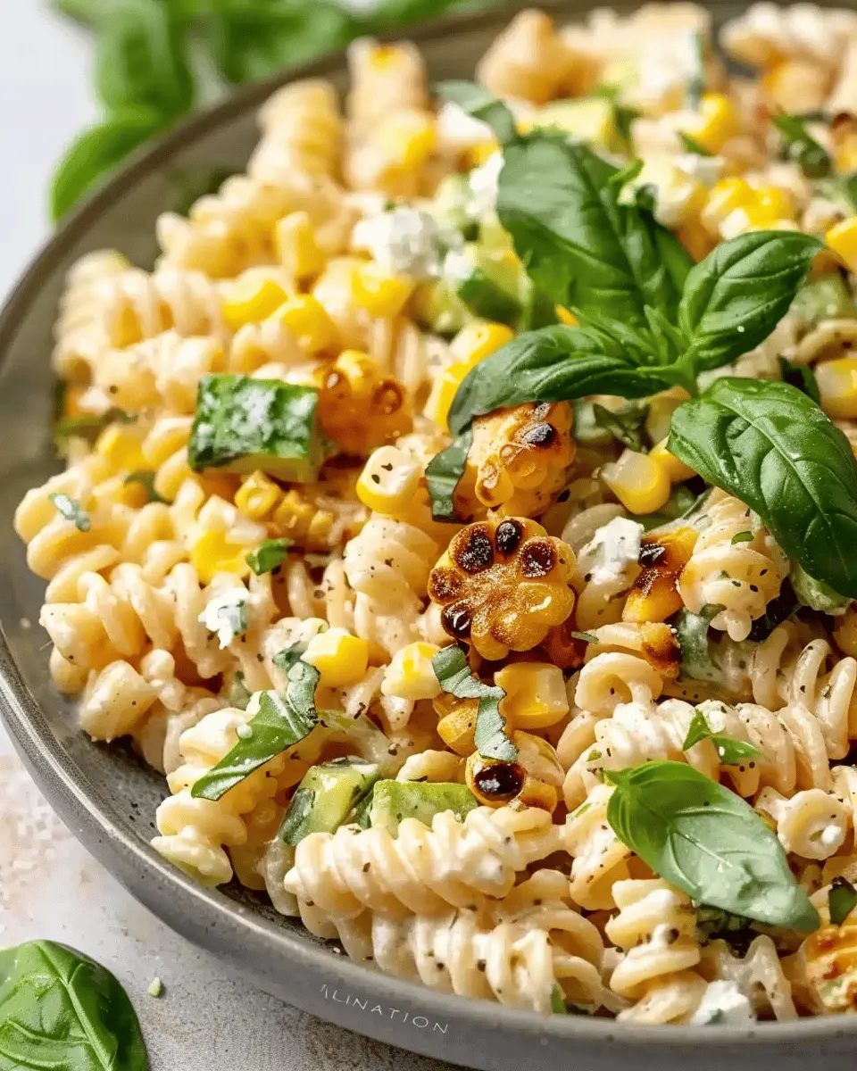 Creamy Street Corn Pasta Salad with Turkey Bacon and Chicken Ham
