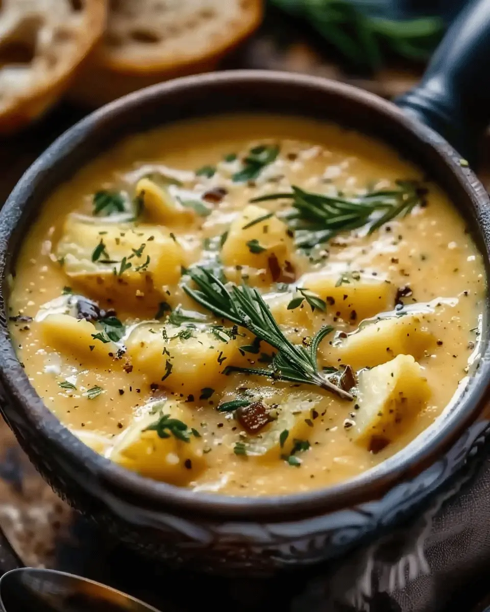 Hearty Cheddar Garlic Herb Potato Soup Recipe with Turkey Bacon