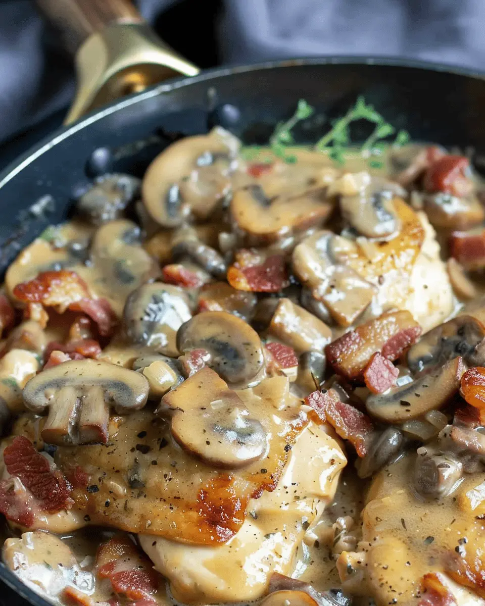 One Skillet Keto Chicken with Turkey Bacon Mushroom Gravy Delight