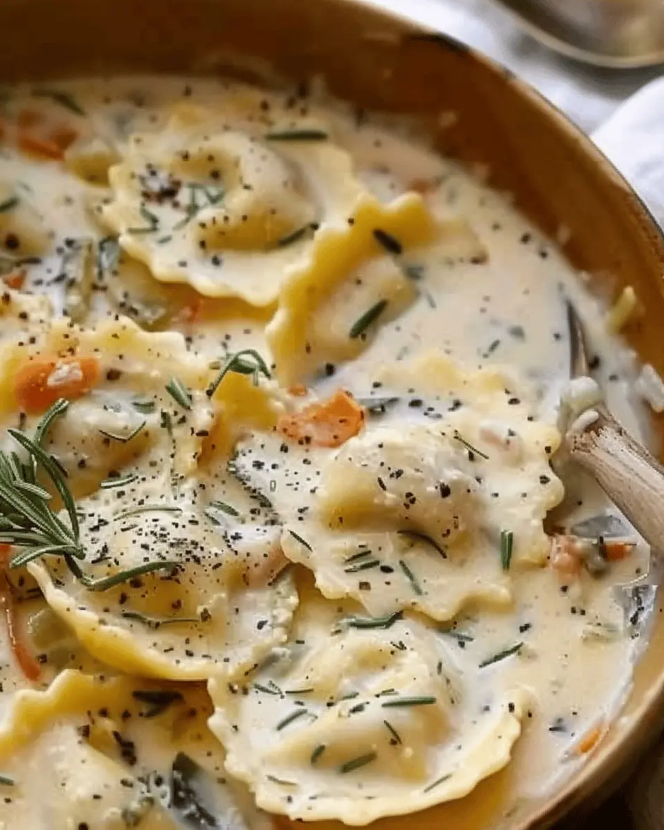 Creamy Tuscan Ravioli Soup with Turkey Bacon and Spinach Delight