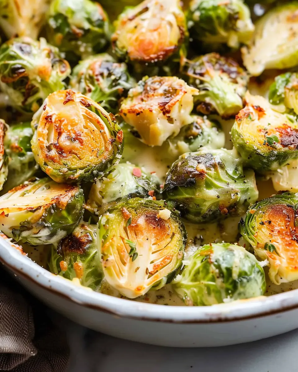 Garlicky Creamy Brussels Sprouts with Turkey Bacon Delight