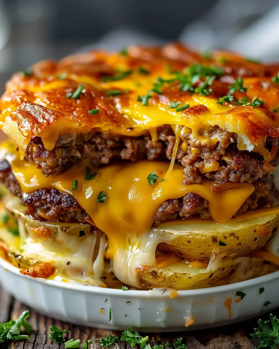 Cheesy Hamburger Potato Delight with Turkey Bacon and Chicken Ham
