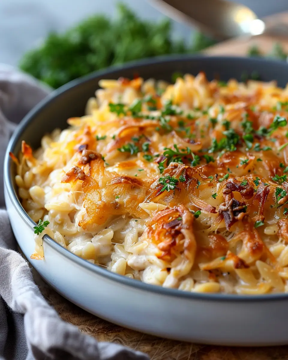 French Onion Chicken Orzo Casserole with Turkey Bacon Delight