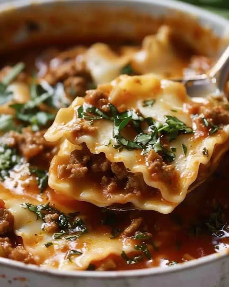 Mouthwatering One Pot Lasagna Soup with Turkey Bacon and Chicken Ham