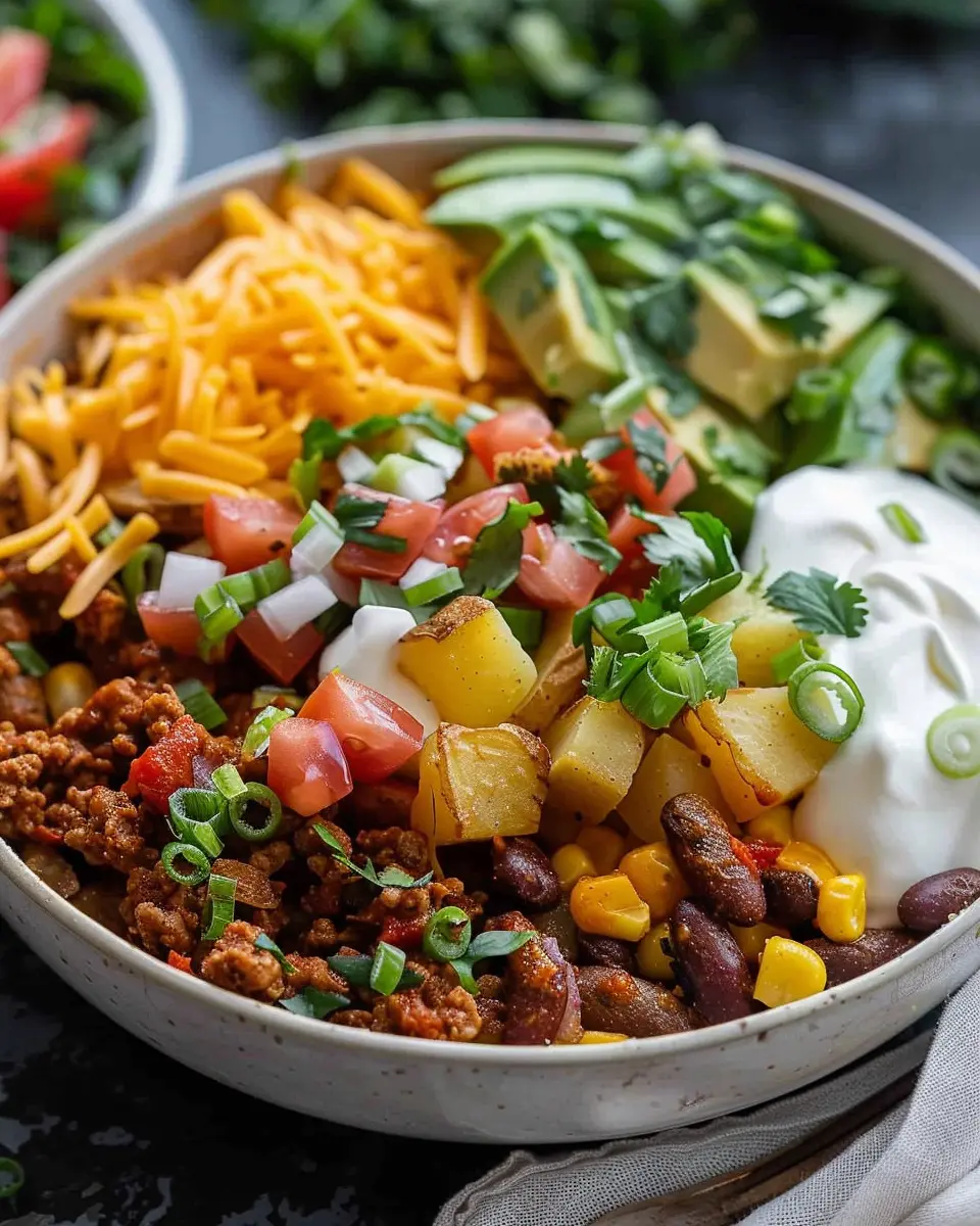 Loaded Potato Taco Bowl: Easy Turkey Bacon & Chicken Ham Delight