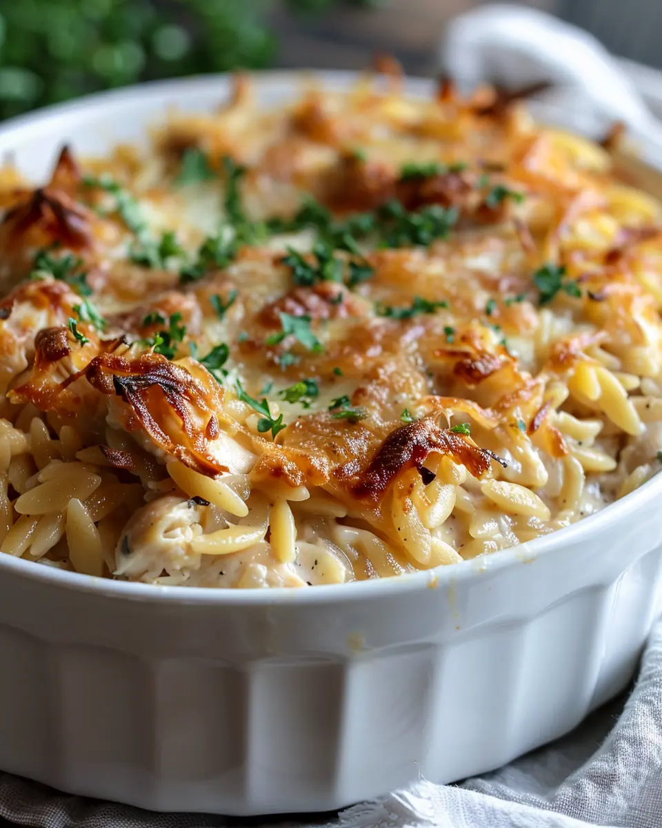 French Onion Chicken Orzo Casserole with Turkey Bacon Delight